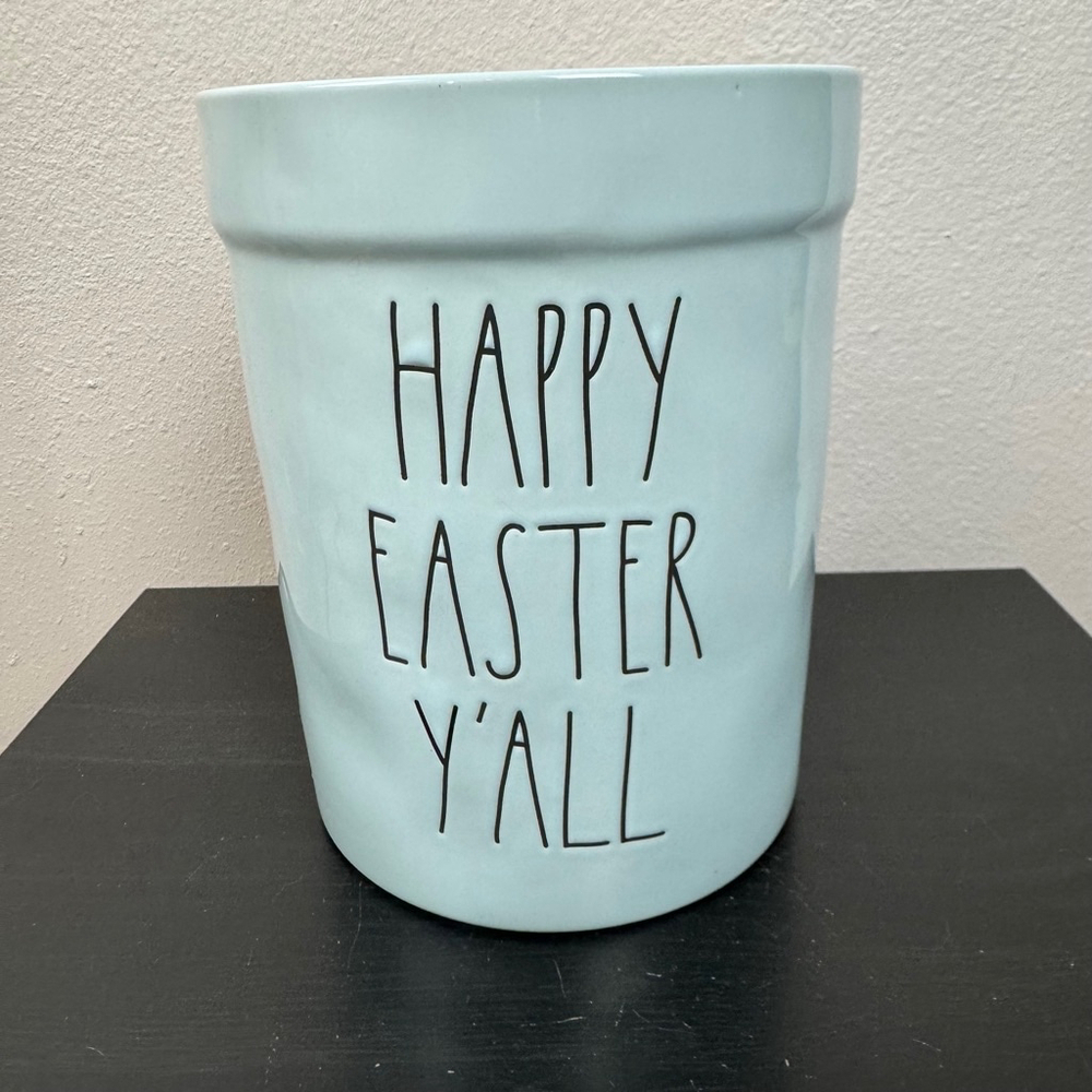 Rae Dunn By Magenta "HAPPY EASTER Y'ALl" Light Blue Utensil Flower Crock Ceramic
